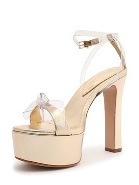 SCHUTZ ‘Elyda’ Gold Platform Heel with Clear Bow and Ankle Strap- NWT, Size (11)